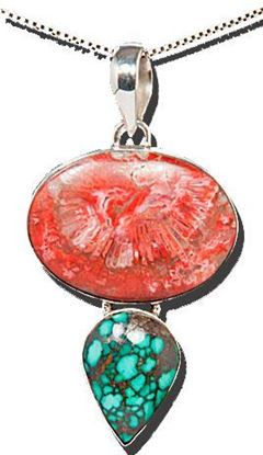 Red Horn Coral & Turquoise Silver Pendant
