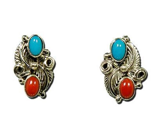 Navajo made Silver Earrings with Sleeping Beauty Turquoise and Red Coral